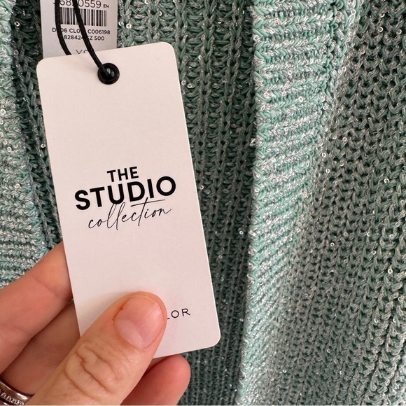 NEW Ann Taylor Studio Collection Shimmer Sequin Metallic Cardigan Aqua Mint XS - Picture 3 of 6